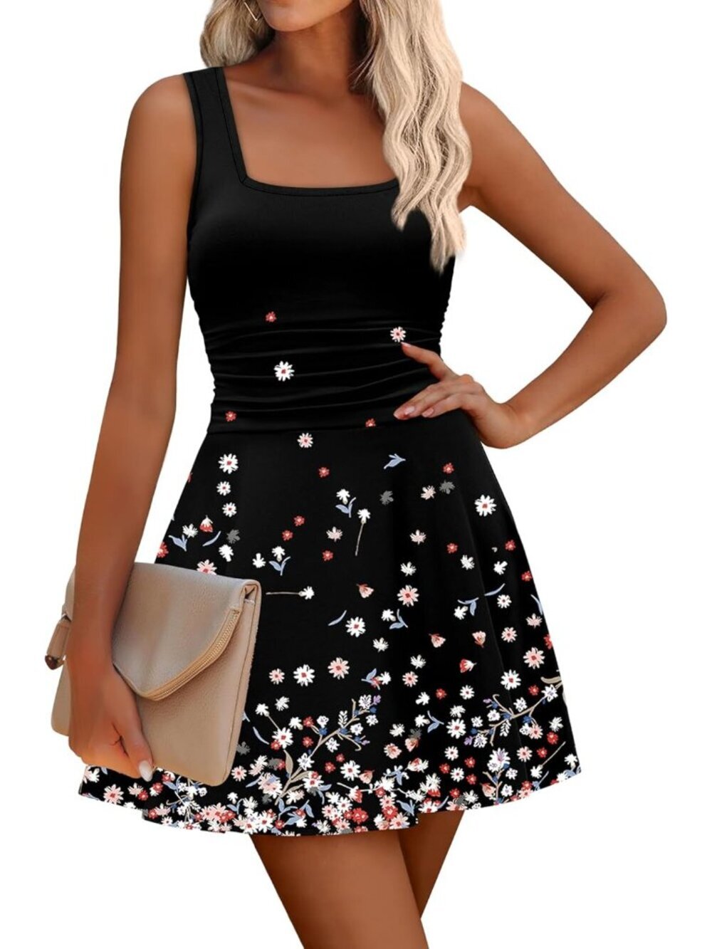 Womens Print Black Square Neck Ruched Waist Fit Flare Pleated Pull On Mini Dress - Picture 2 of 5